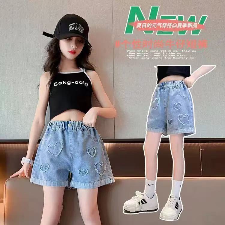 Girls Cotton Denim Summer Embroidered Casual Elastic Waist Shorts