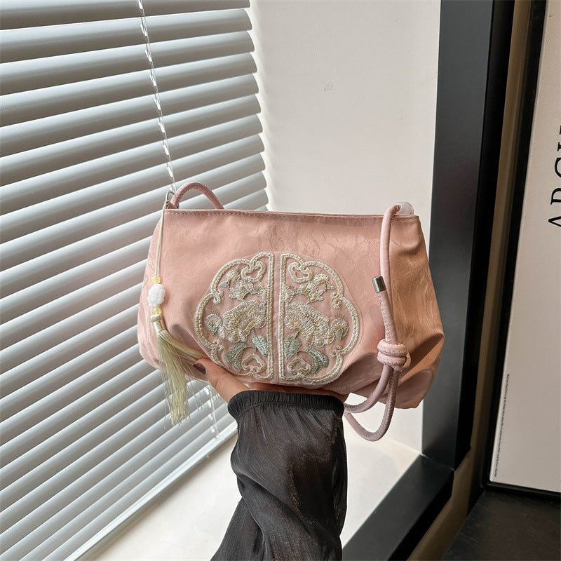 Black Women's Embroidered Pleated Shoulder Crossbody Bag Large Capacity