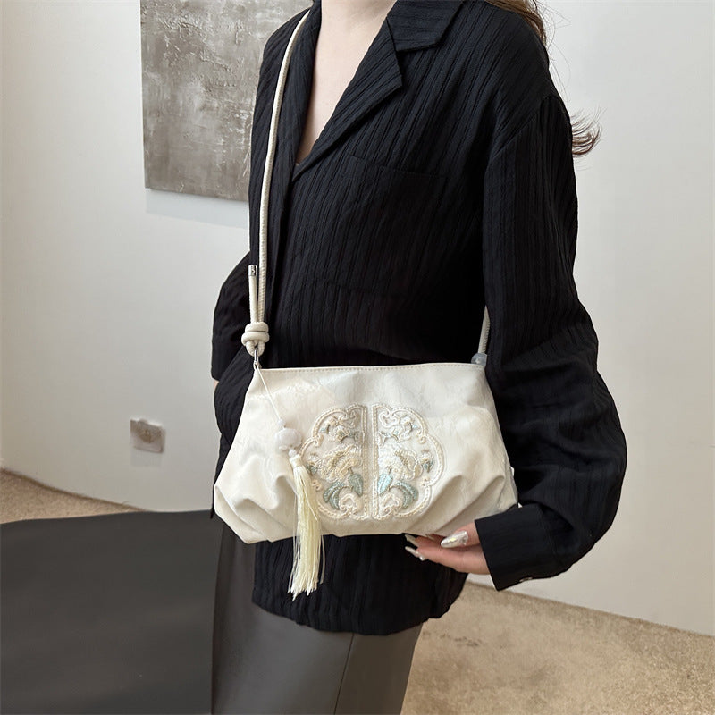 Women's Embroidered Pleated Shoulder Crossbody Bag Large Capacity