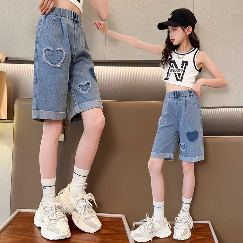 Girls Cotton Denim Mid Length Casual Summer Elastic Waist Pants