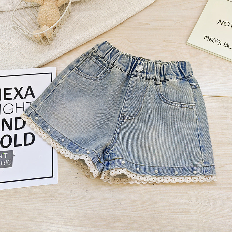 Girls Lace Denim Summer High Waist Casual Thin Shorts