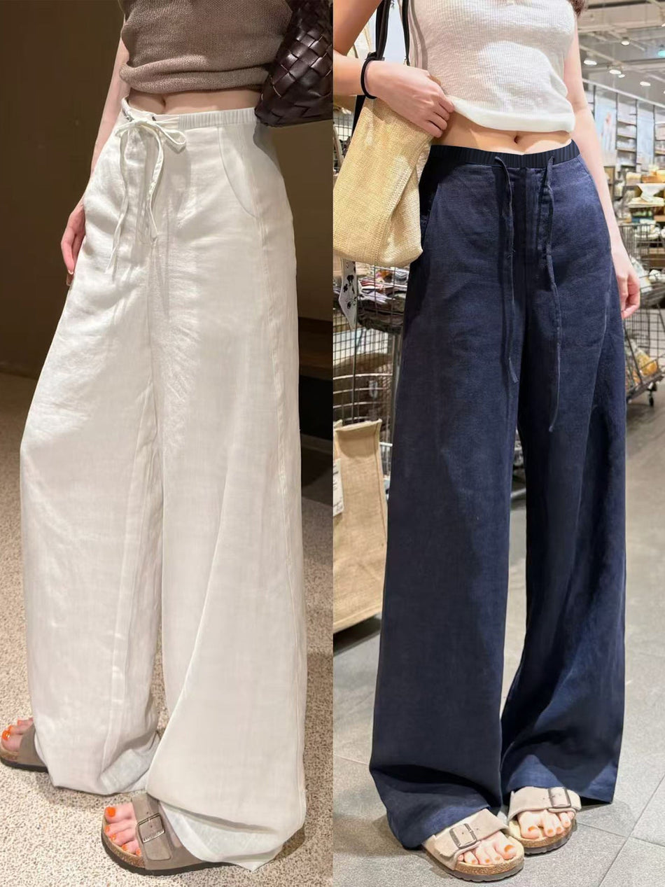 Women's Navy Blue Cotton Linen Wide-Leg Casual Pants
