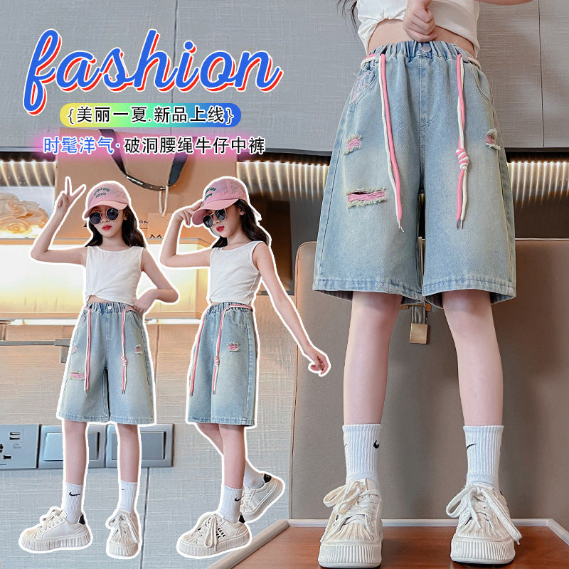 Girls Denim High Waist Loose Fit Summer Casual Mid Shorts