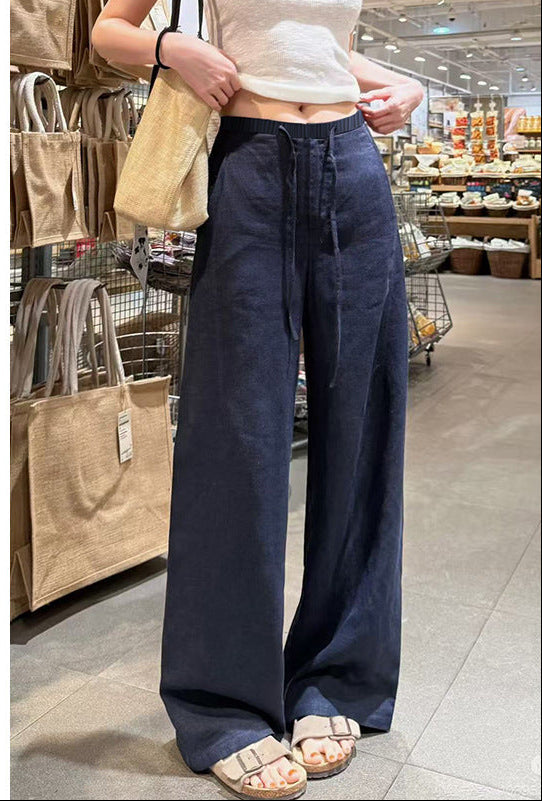 Xizang blue (small man) Women's Navy Blue Cotton Linen Wide-Leg Casual Pants