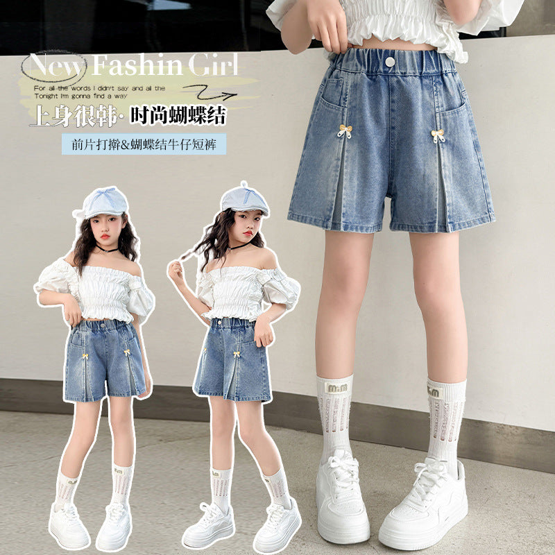 Girls High Waist Denim Summer Casual Thin Bow Shorts