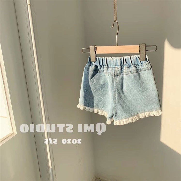 Girls Cotton Denim Lace Trim Summer Casual Soft Shorts