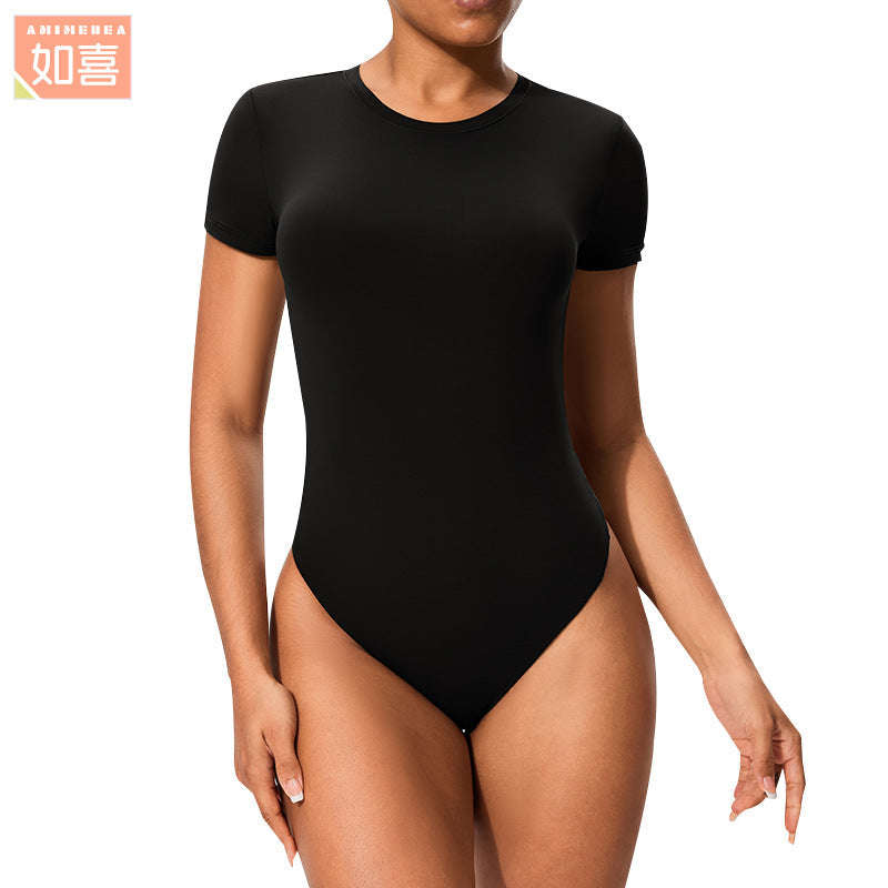 Black Women Seamless Yoga Bodysuit Short Sleeve Slim Fit Active Jumpsuit
