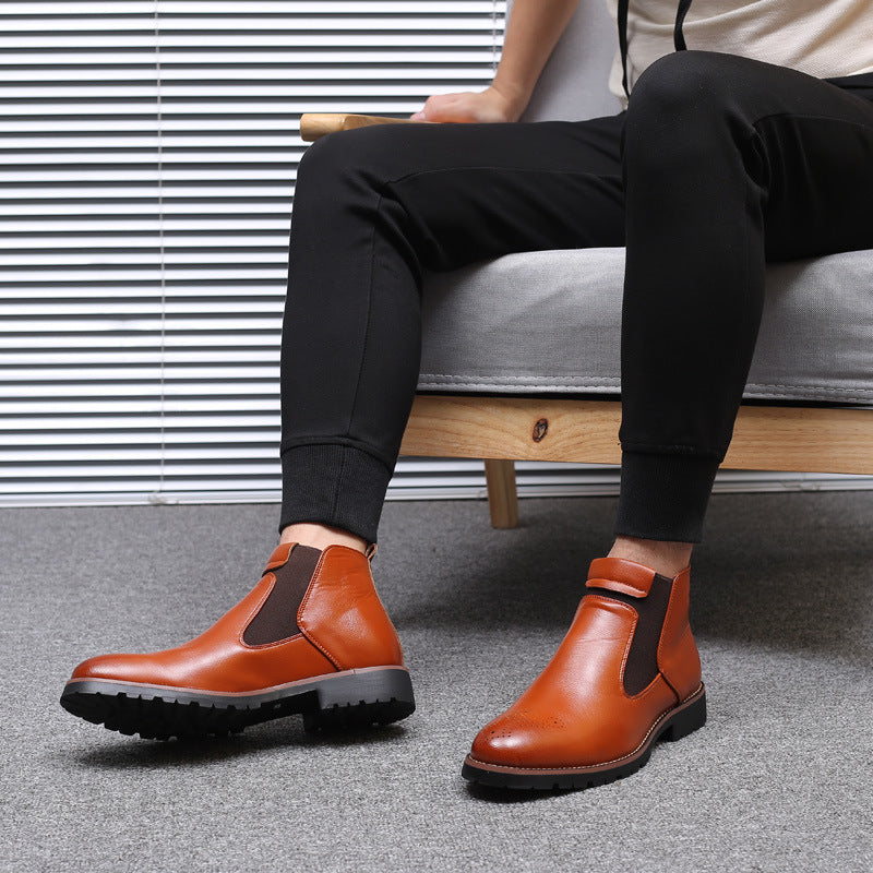 Yellow Men's Leather Chelsea Boots Slip-On High-Top British Style