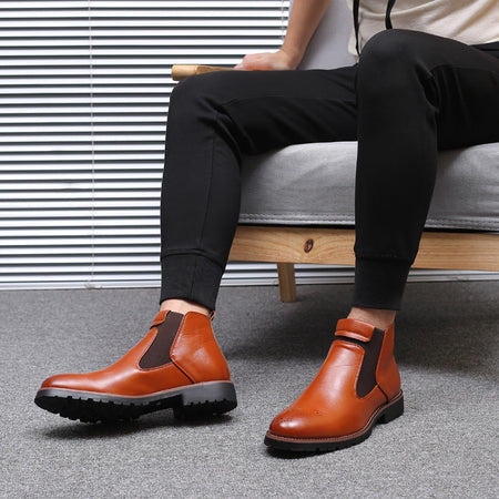 Yellow Men's Leather Chelsea Boots Slip-On High-Top British Style