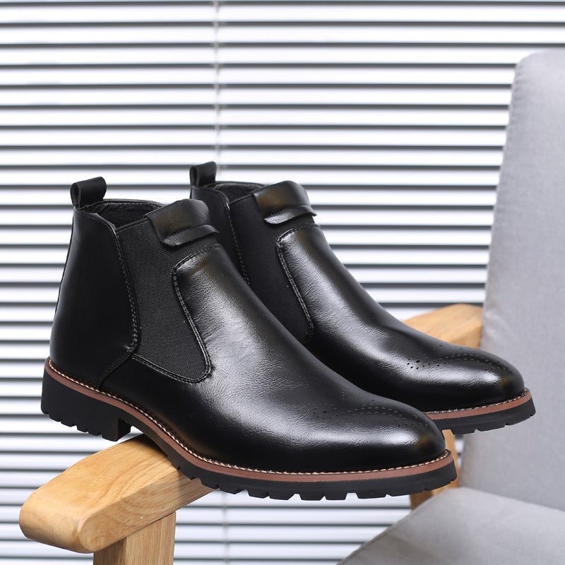Men's Leather Chelsea Boots Slip-On High-Top British Style