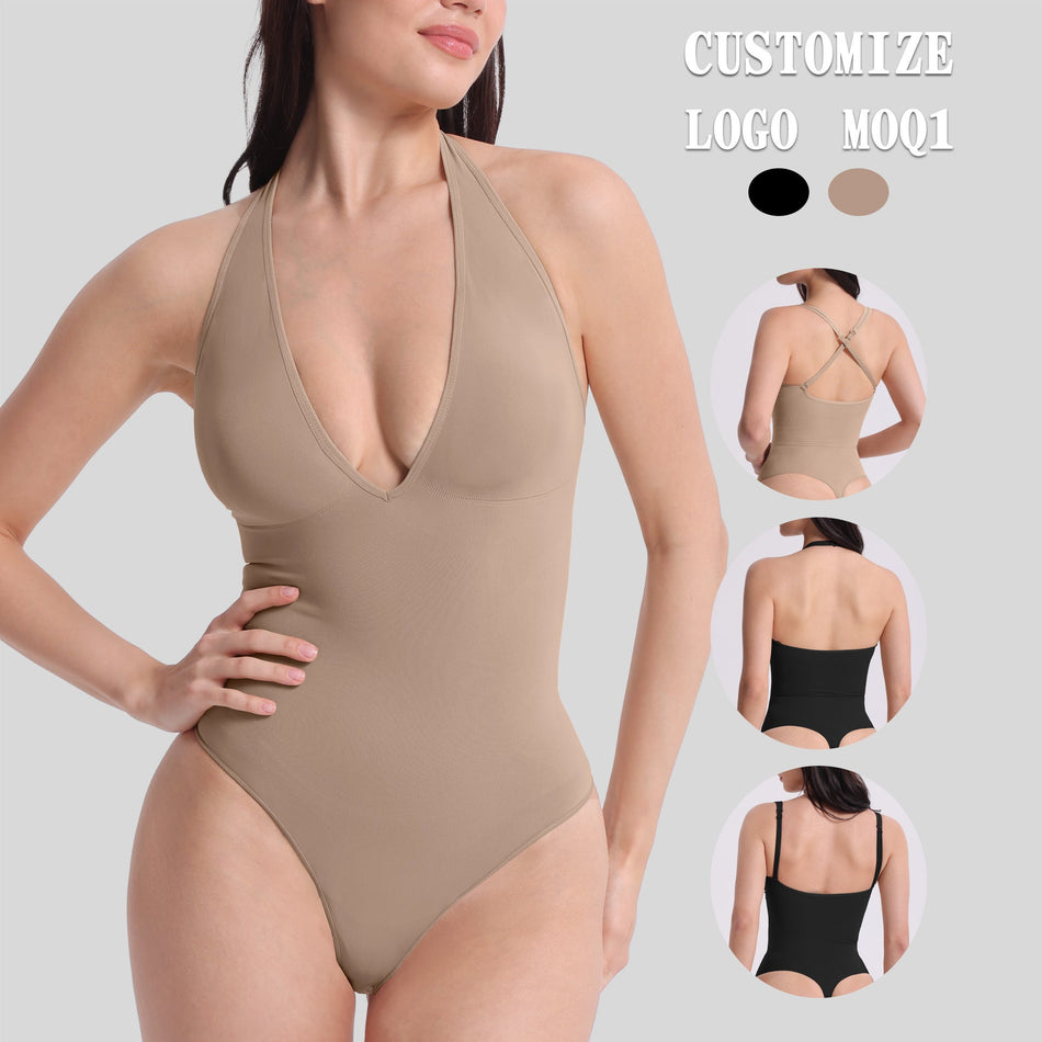 Women's Halter Neck Waist Cinching Shaping Bodysuit Thong Fit
