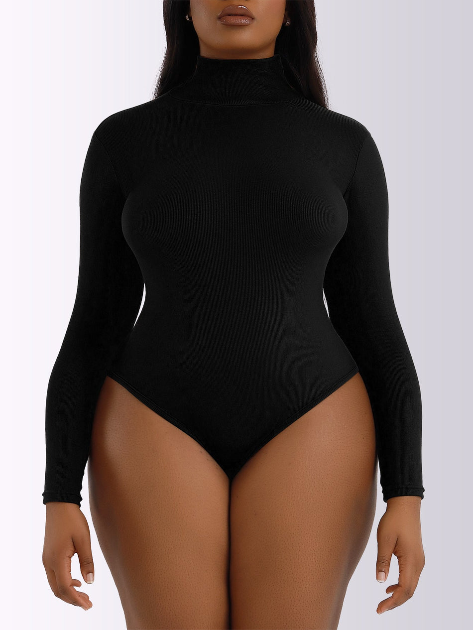 Women's Rib Knit High Neck Long Sleeve Bodysuit Base Layer