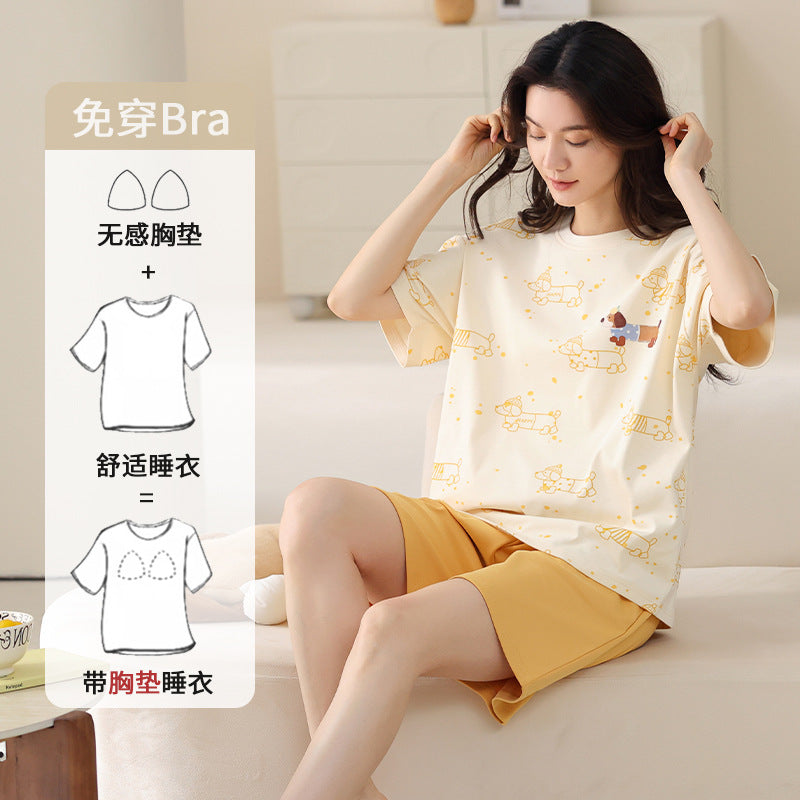 Women's Pure Cotton Short Sleeve Pajama Set with Chest Pads