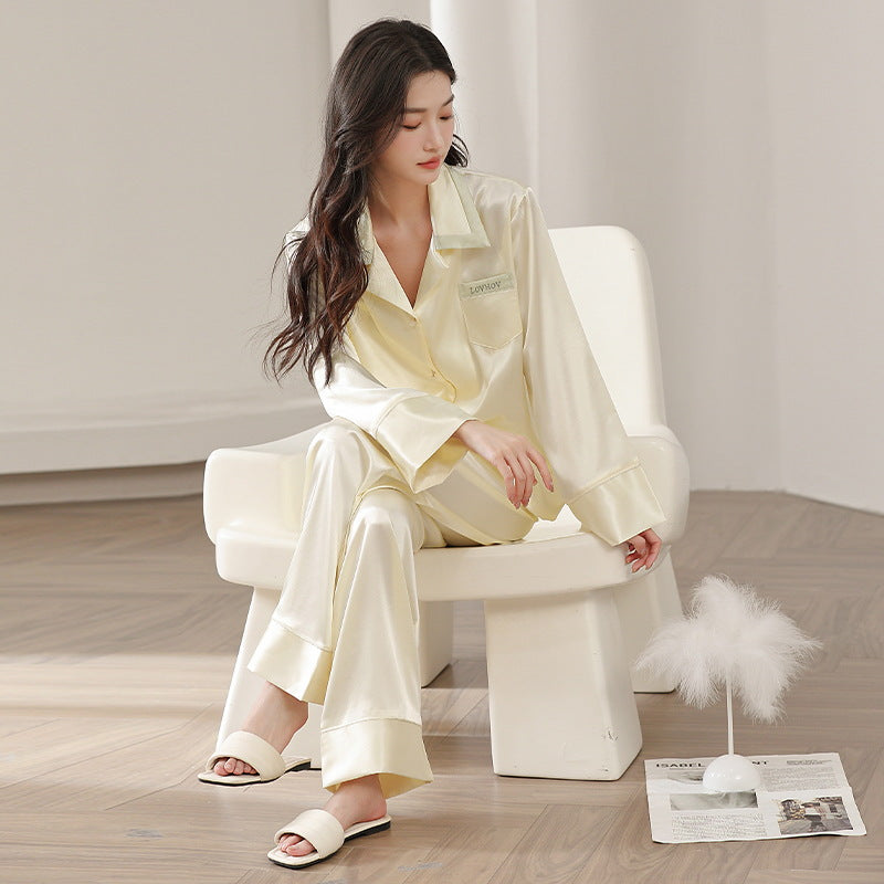 Women's Ice Silk Long Sleeve Pajama Set French Style Lounge Wear