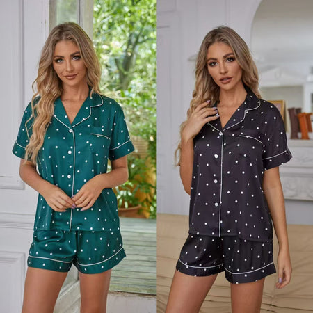 Black Women's Ice Silk Lapel Pajama Set Short Sleeve Shorts Loungewear