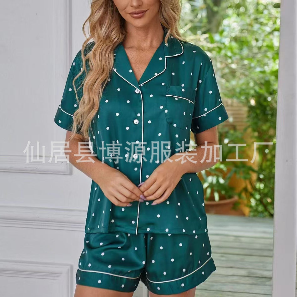Women's Ice Silk Lapel Pajama Set Short Sleeve Shorts Loungewear