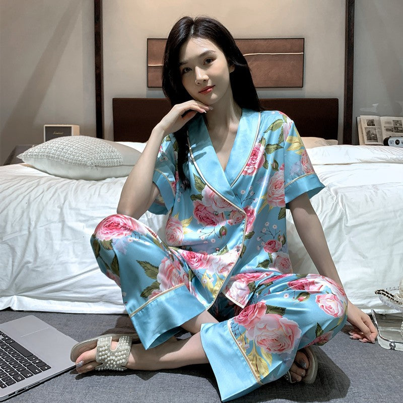 Sea of flowers (short-sleeved pants) Women's Ice Silk Lapel Pajama Set Plus Size Two-Piece Loungewear