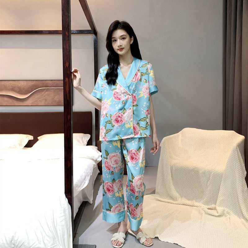 Women's Ice Silk Lapel Pajama Set Plus Size Two-Piece Loungewear