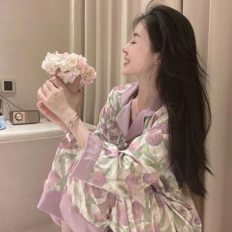 Women's Ice Silk Satin Patchwork Pajama Set Long Sleeve