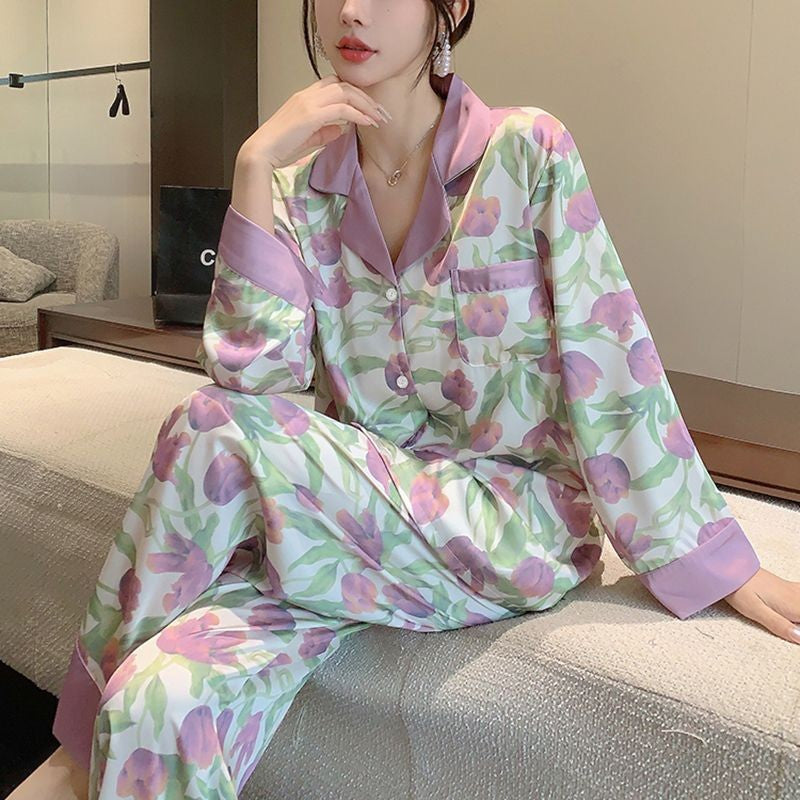 Purple Women's Ice Silk Satin Patchwork Pajama Set Long Sleeve Loungewear