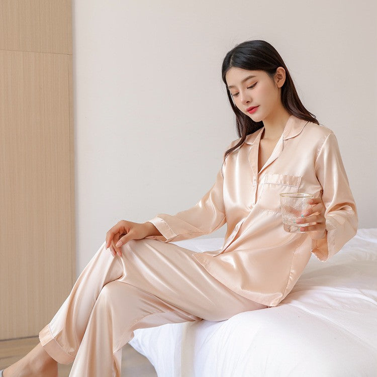 Little peony long-sleeved trousers Women's Ice Silk Lapel Long Sleeve Pajama Set Satin Loungewear