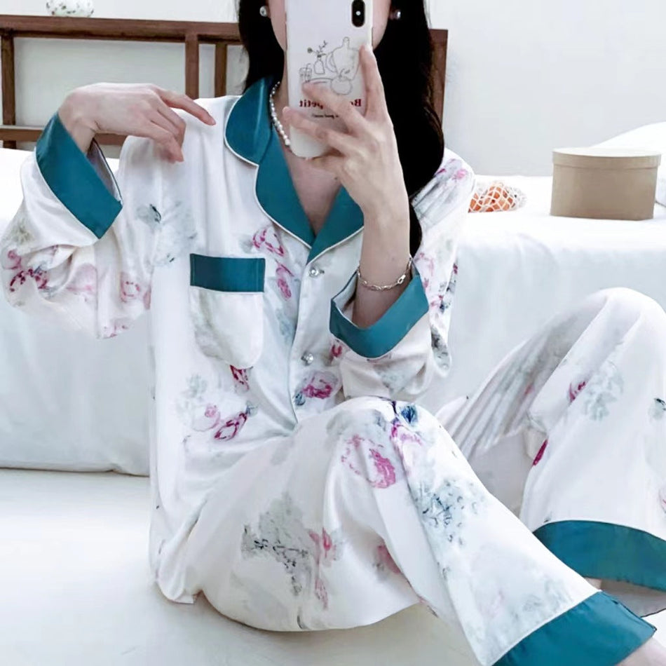 Women's Ice Silk Lapel Long Sleeve Pajama Set Satin Loungewear