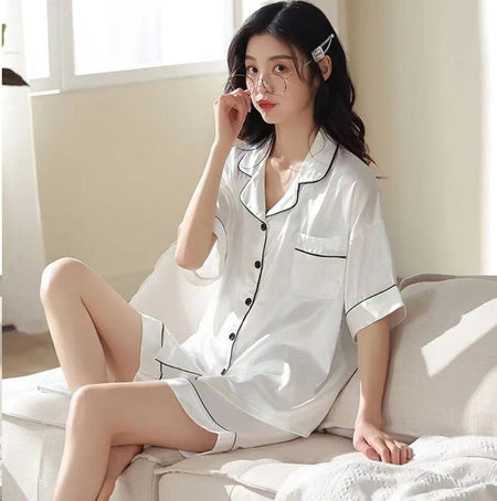 Rose Women's Satin Silk Pajama Set V Neck Short Sleeve Lounge Wear