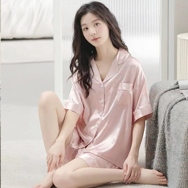 Women's Satin Silk Pajama Set V Neck Short Sleeve Lounge Wear