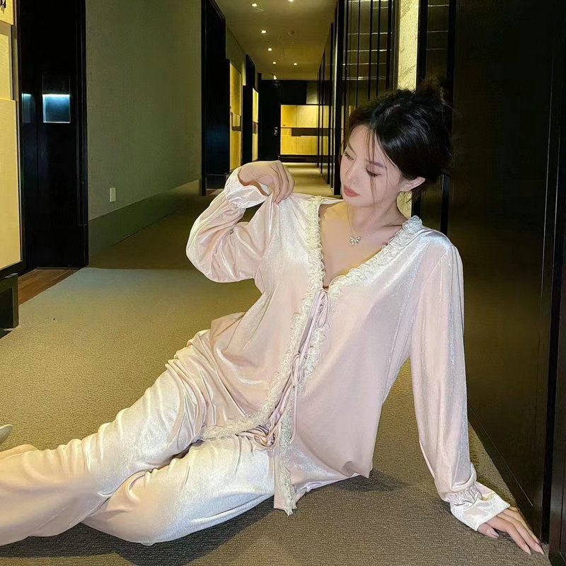 Pink Women's Gold Velvet Pajama Set V Neck Long Sleeve Homewear Suit