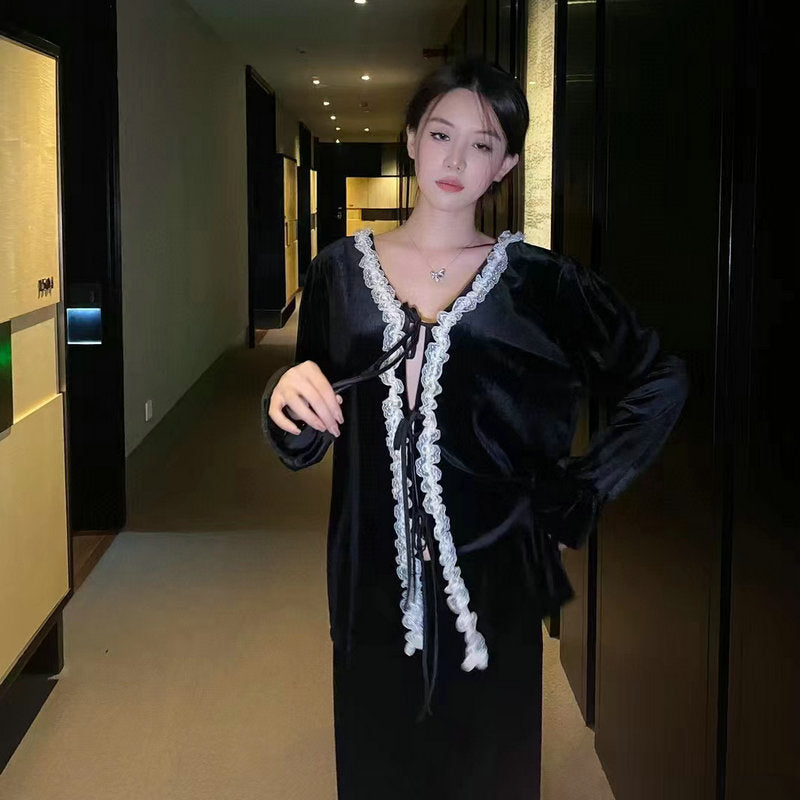 Women's Gold Velvet Pajama Set V Neck Long Sleeve Homewear Suit