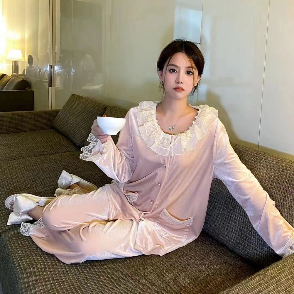Black Women's Flannel Round Neck Pajama Set Long Sleeve Warm Homewear