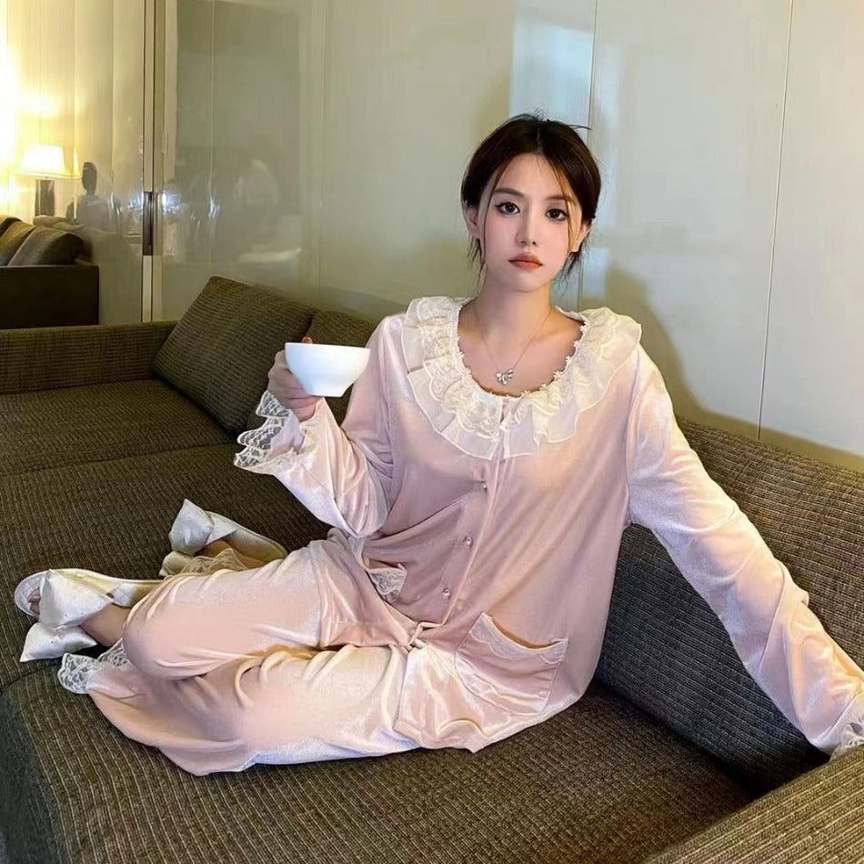 Black Women's Flannel Round Neck Pajama Set Long Sleeve Warm Homewear