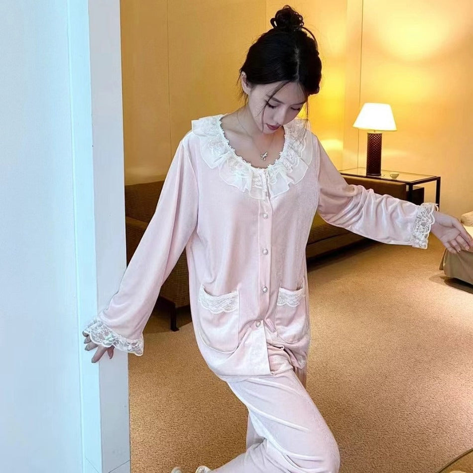 Women's Flannel Round Neck Pajama Set Long Sleeve Warm Homewear