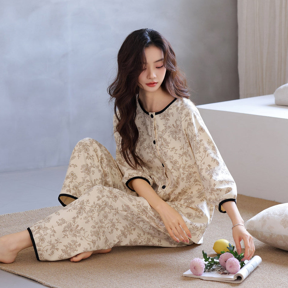 Xx-az26-a26104 three-quarter sleeves and nine-quarter pants Women's Pure Cotton Pajama Set Three Quarter Sleeve Loungewear