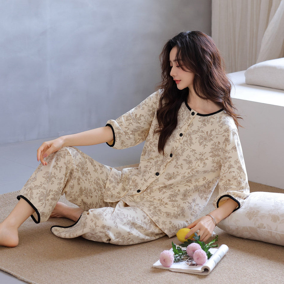Women's Pure Cotton Pajama Set Three Quarter Sleeve Loungewear