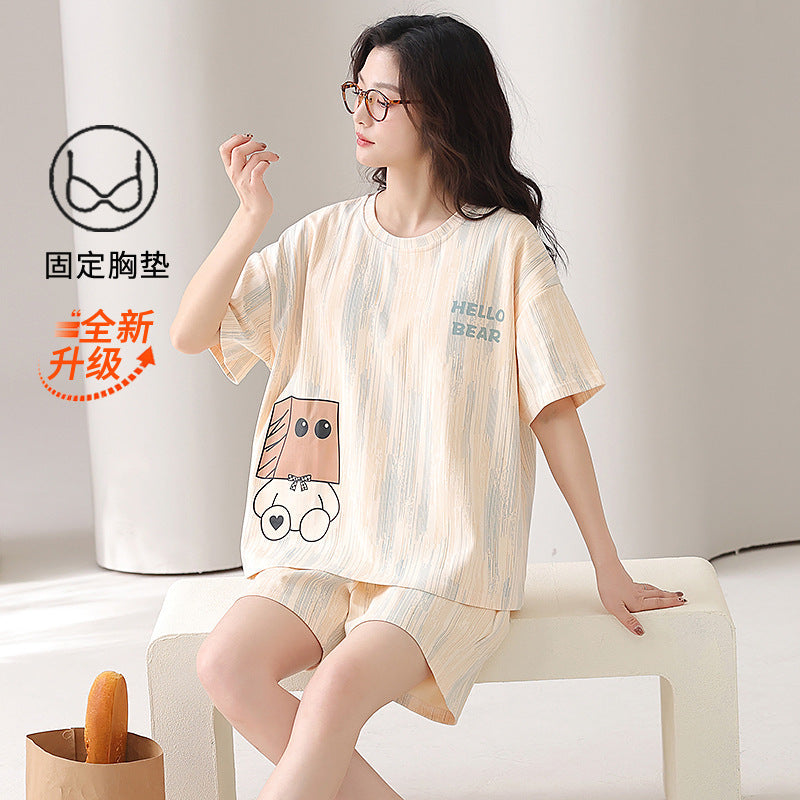 Z58588 women's model [with chest pad] Women's Pure Cotton Pajama Set with Chest Pads Shorts Loungewear