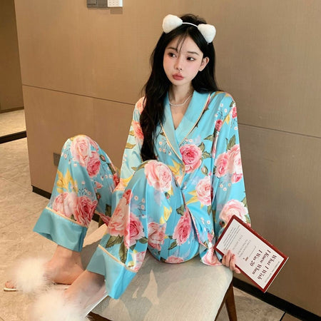 Flower sea Women's Satin Ice Silk Pajama Set Long Sleeve French Lounge Wear