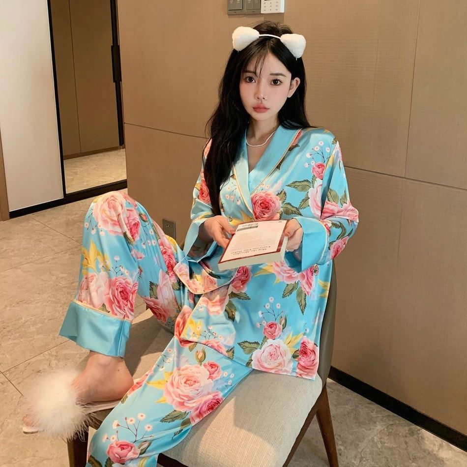 Women's Satin Ice Silk Pajama Set Long Sleeve French Lounge Wear
