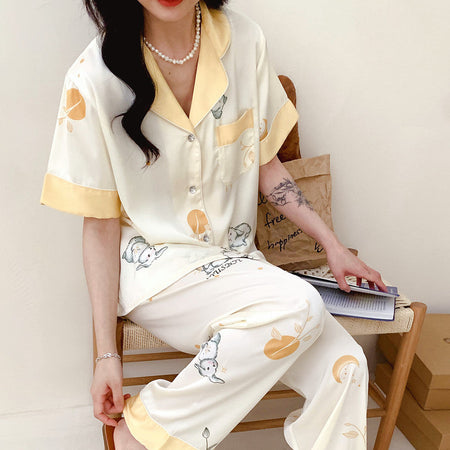 Lucky Bunny Women's Ice Silk Rabbit Pajama Set Korean Style Summer Loungewear