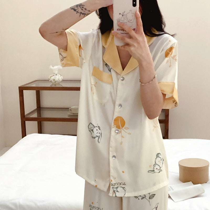 Women's Ice Silk Rabbit Pajama Set Korean Style Summer Loungewear