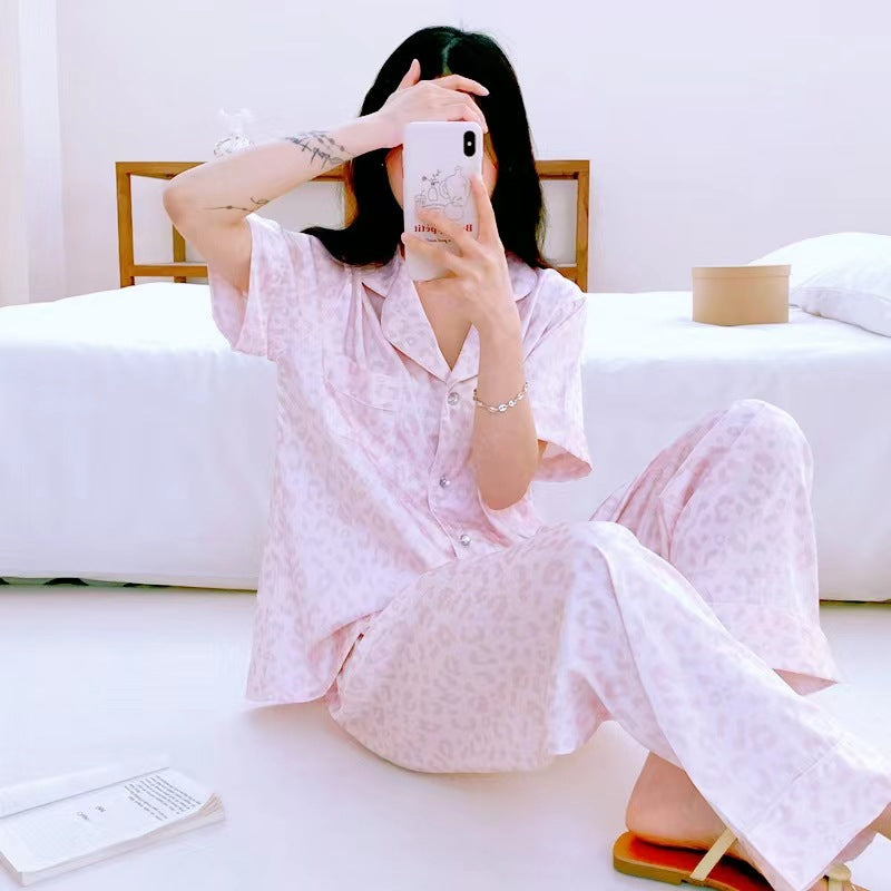 Women's Pink Leopard Ice Silk Pajama Set Short Sleeve Loungewear