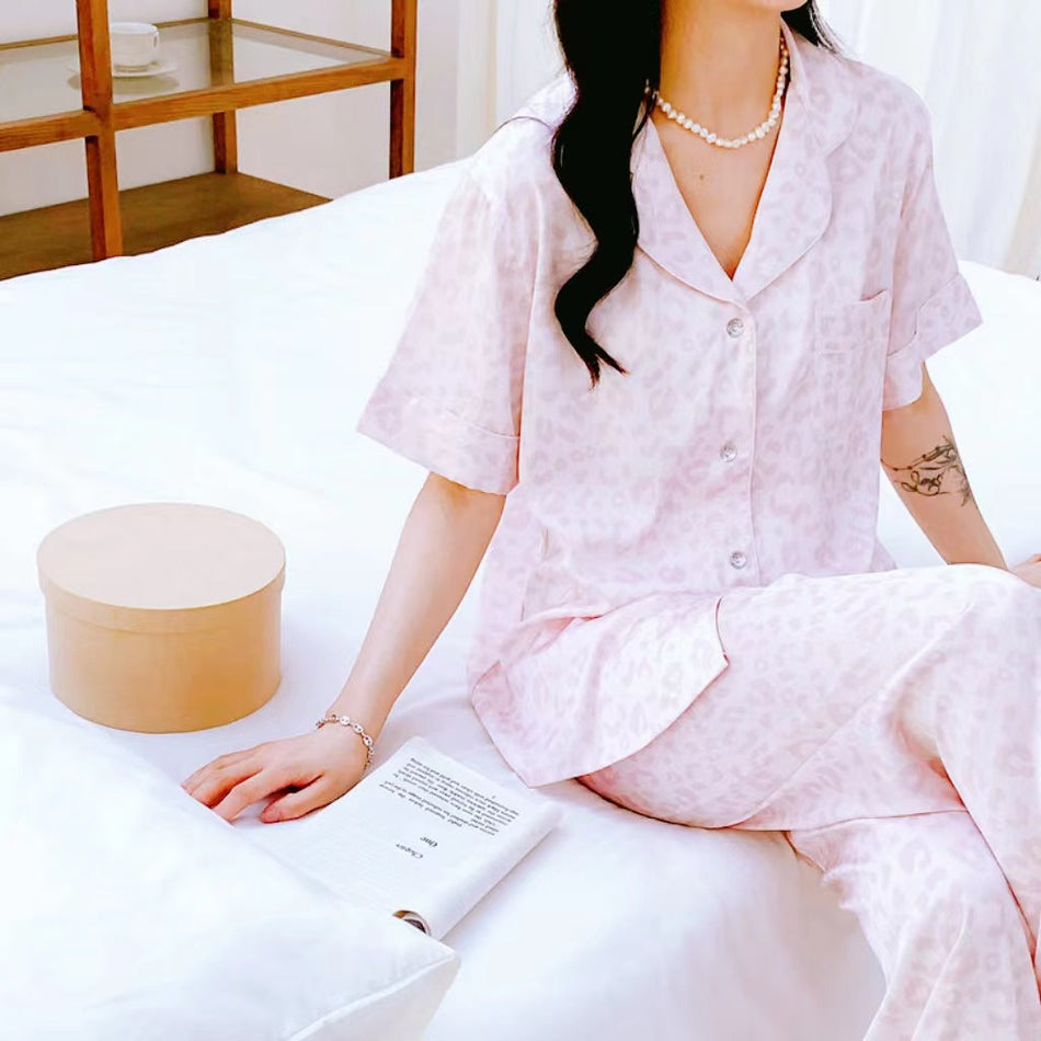 Women's Pink Leopard Ice Silk Pajama Set Short Sleeve Loungewear