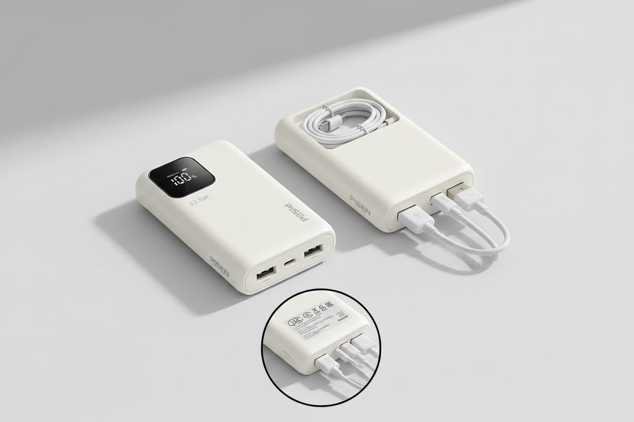 Pisen 20000mAh Fast Charging Power Bank with 4 Built-In Cables in White