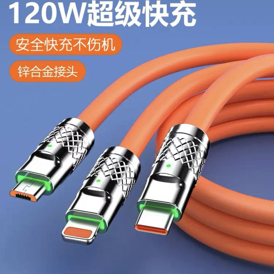 120W 3-in-1 Fast Charging Cable for Apple & Android Devices