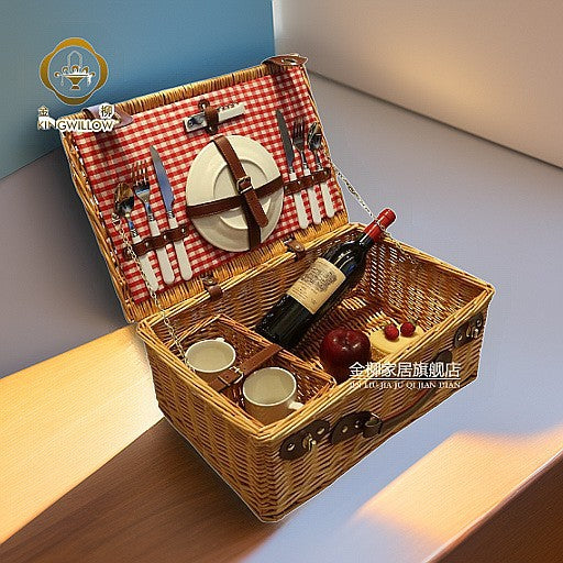 Shallow steamed Rattan Woven Picnic Basket with Lid and Tableware Storage Insulated