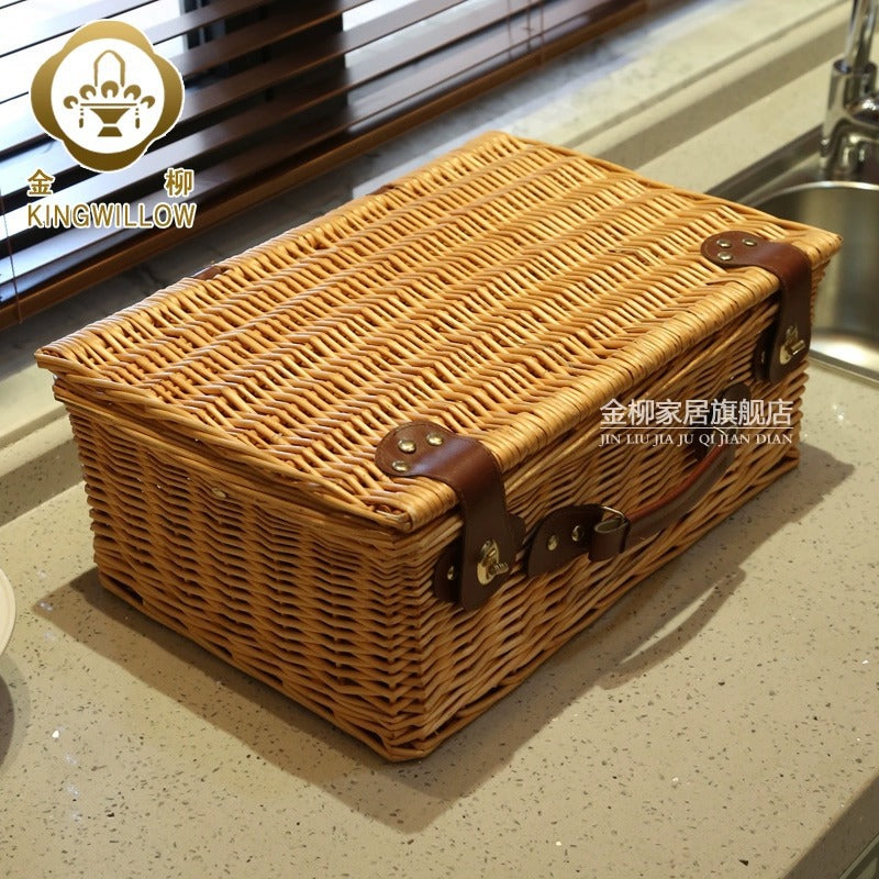 Rattan Woven Picnic Basket with Lid and Tableware Storage
