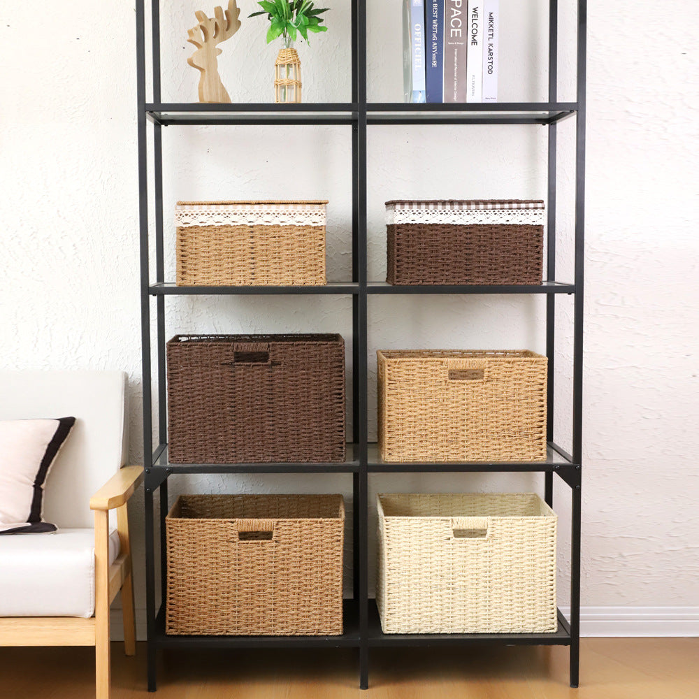 Camel two-button Japanese Style Rattan Woven Desktop Storage Basket Large Organizer