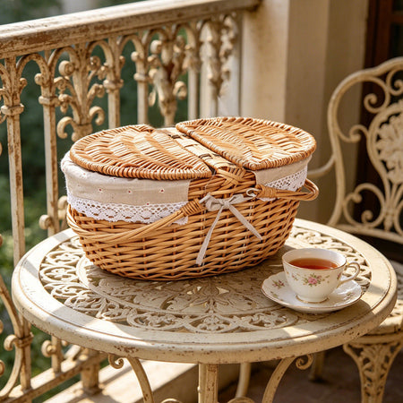 Daisy linen Large Willow Woven Picnic Basket with Lid and Handle Portable Storage