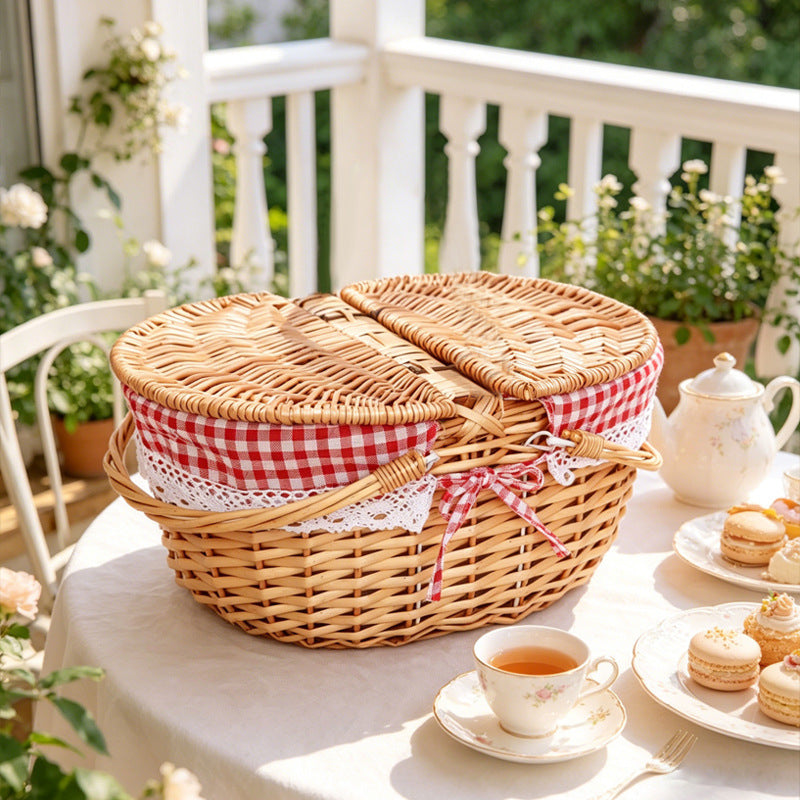 Large Willow Woven Picnic Basket with Lid and Handle Portable