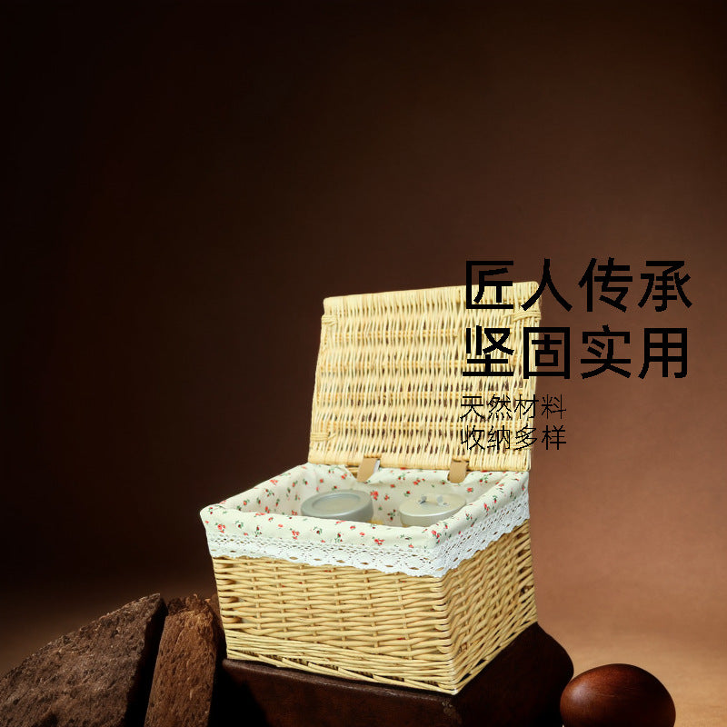 Large Handwoven Rattan Storage Basket with Lid Drawer Organizer